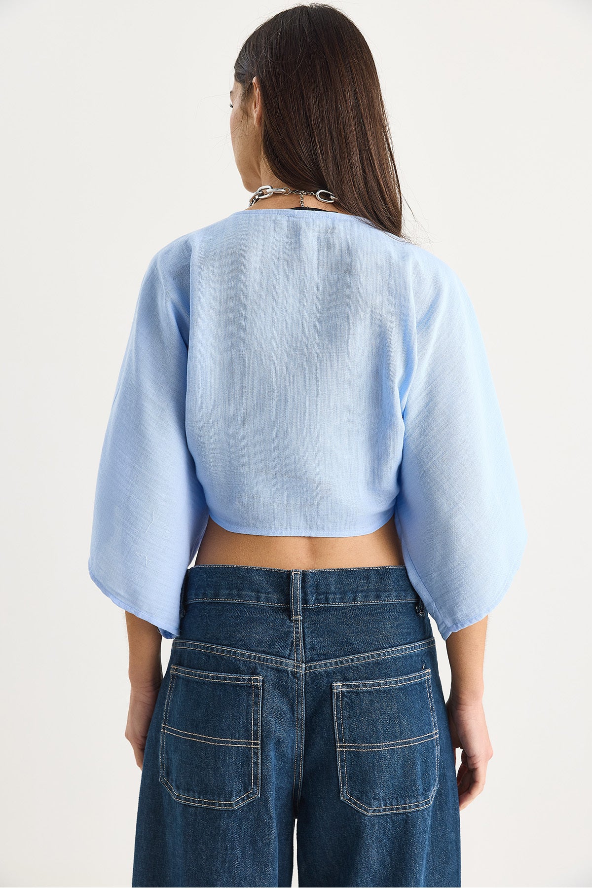 Women's Wide Sleeve V-Neck Tie Detailed Muslin Blouse 4729 60283396