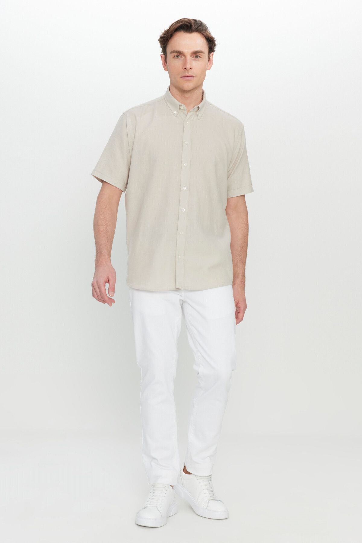 Men's Beige 100 %Cotton Comfort Fit Casual Cutting Button Shirt with Shirt collar Amesty Shirt