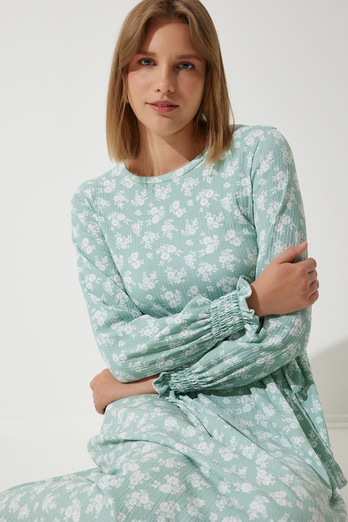 Women's Water Green Flowering Summer Long Knitting Dress DD01322