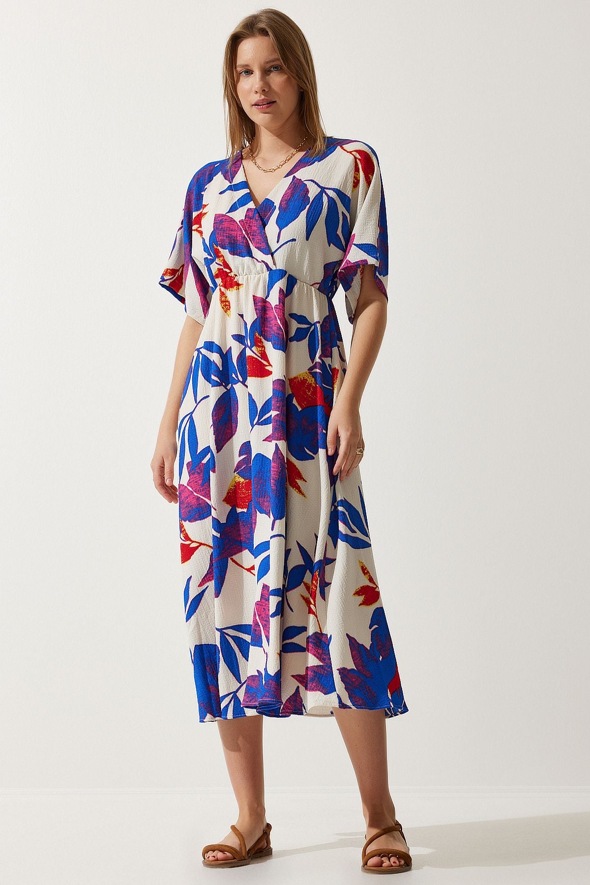 Woman Ecru Blue Anvelop Yaka Patterned Knitting Dress DK00167