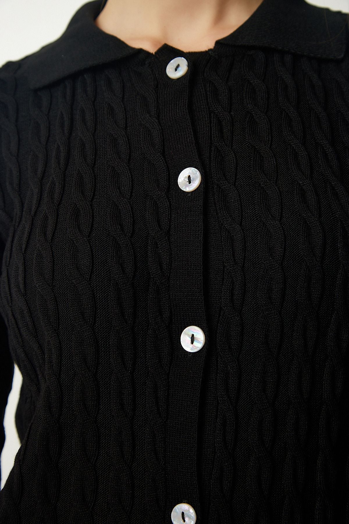 Female black polo collar knitted knitwear cardigan FN03117