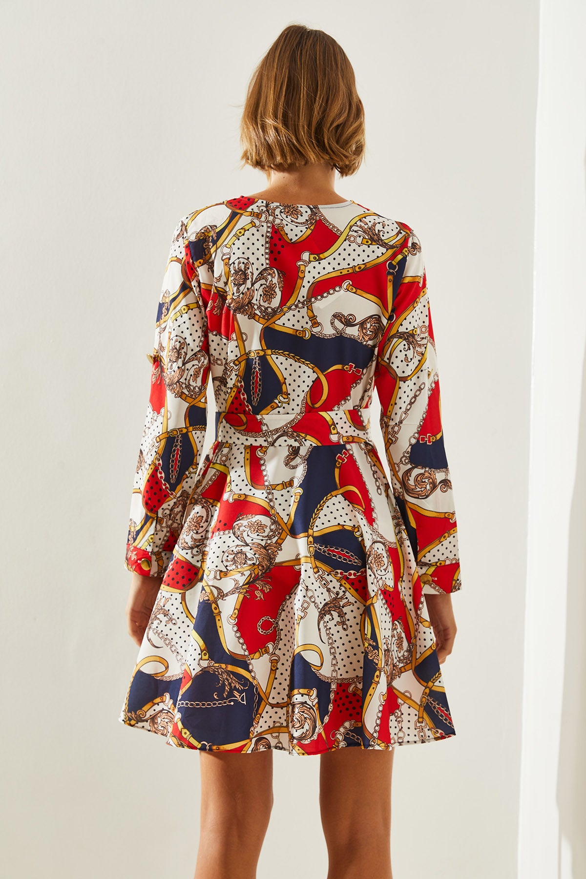 Women's V-Neck Button Detailed Chain Patterned Belted Dress 22127 60251609