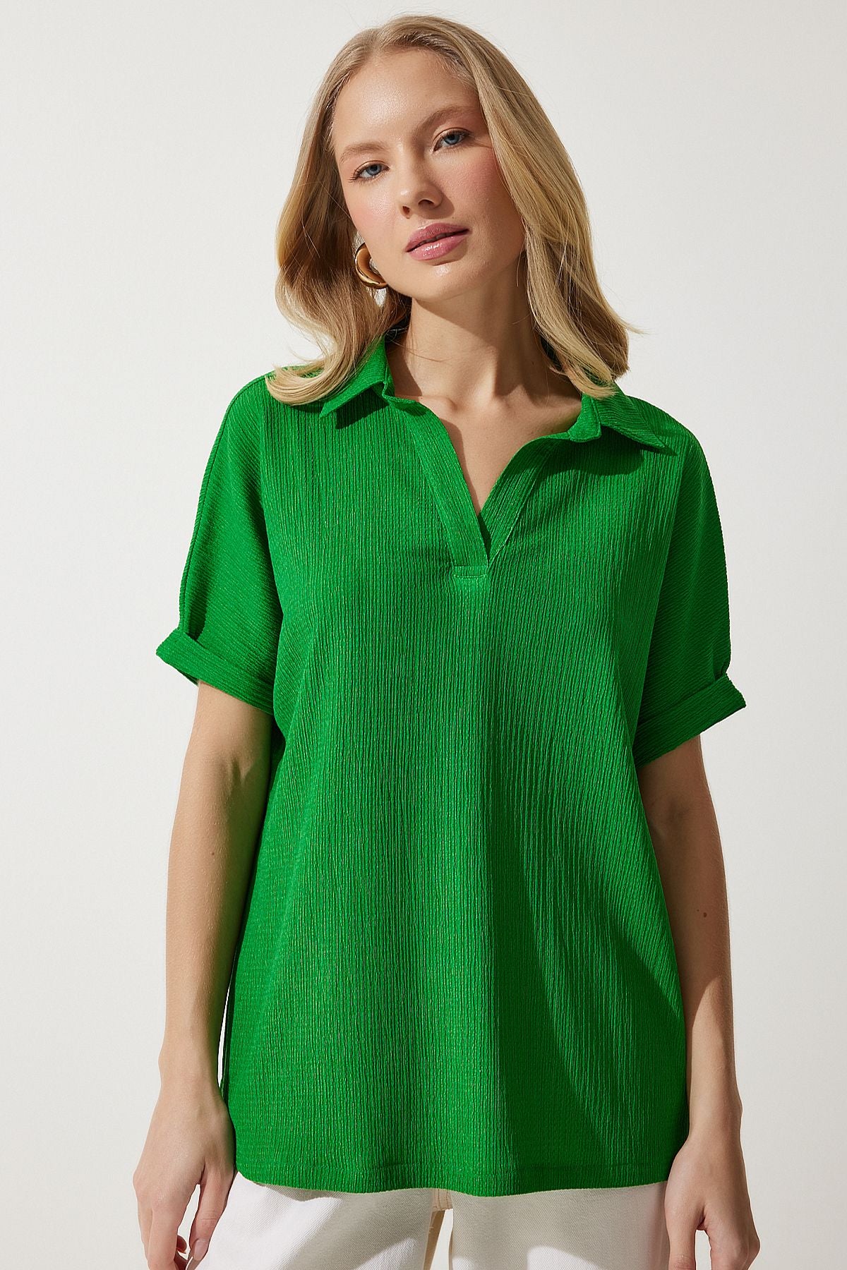 Female green polo collar knitted kinkil blouse DD01299