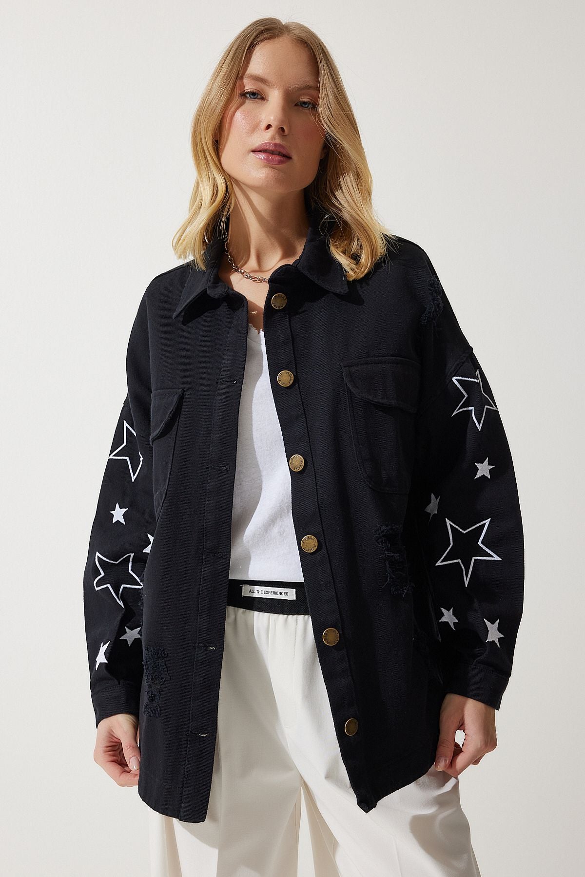 Female black star embroidery overwhelm shirt jacket sa00026