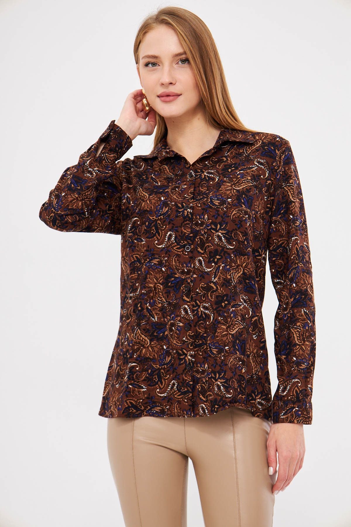 Women's Coffee Patterned Long Sleeve Shirt ARM-25K001040