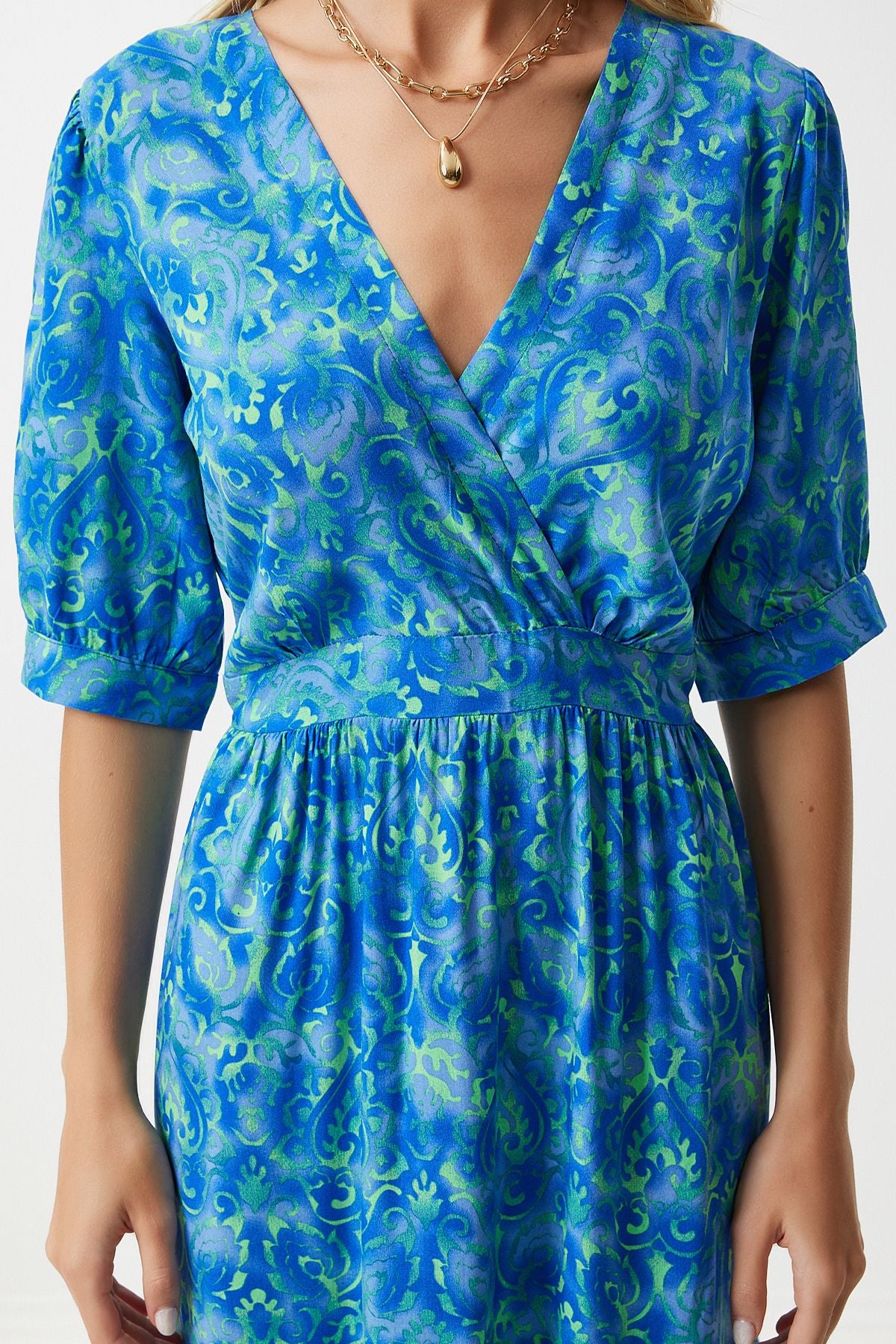 Woman Blue Green Anvelop Yaka Floral Summer Viscose Dress RV00128