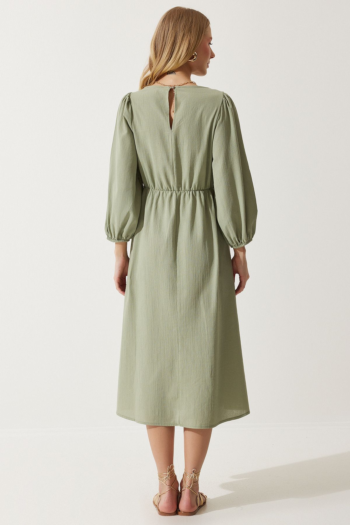 Woman Khaki Gugure Detailed Summer Linen Dress BP00152