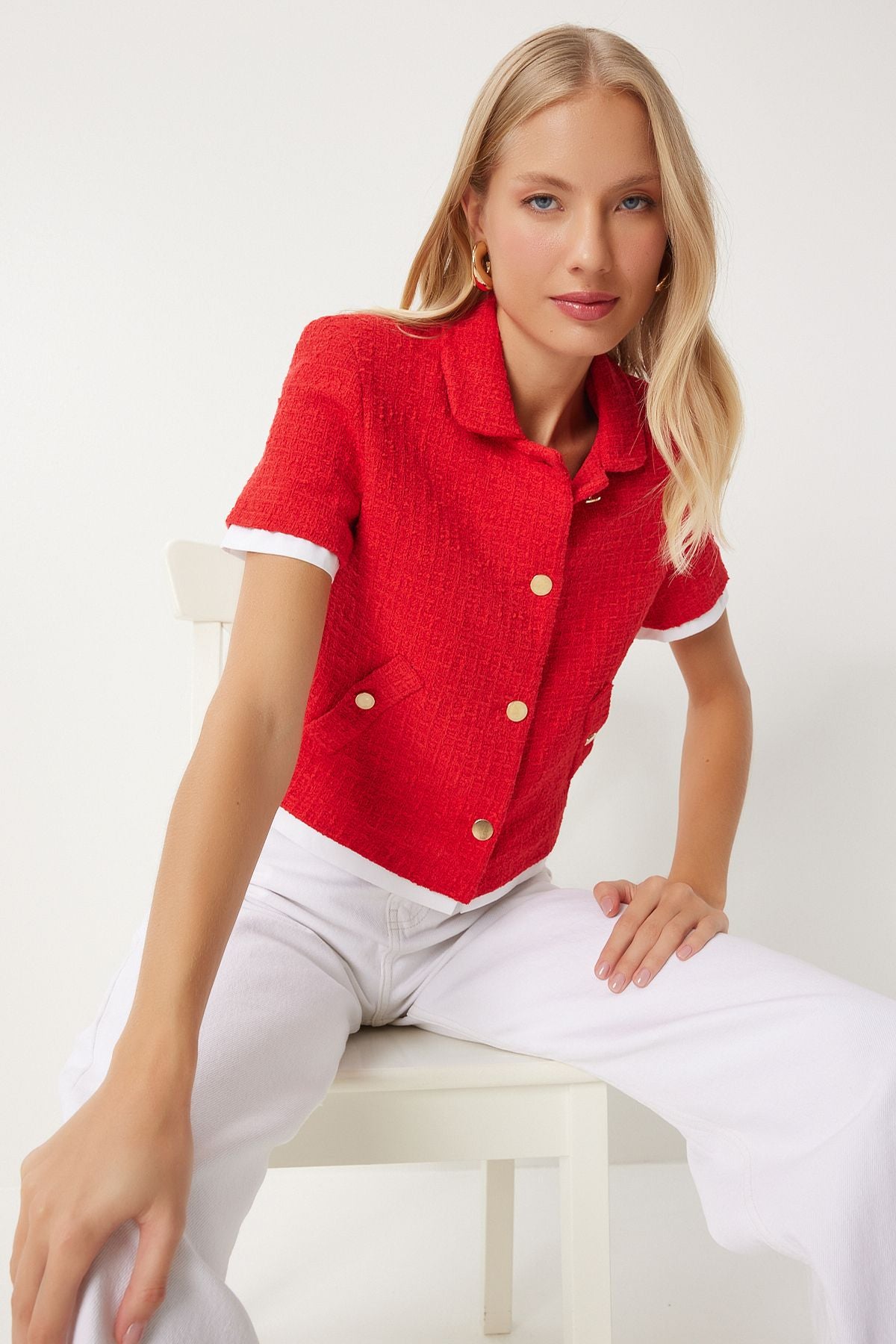 Woman Red Garni Detailed Crop Tüvit Jacket WF00088