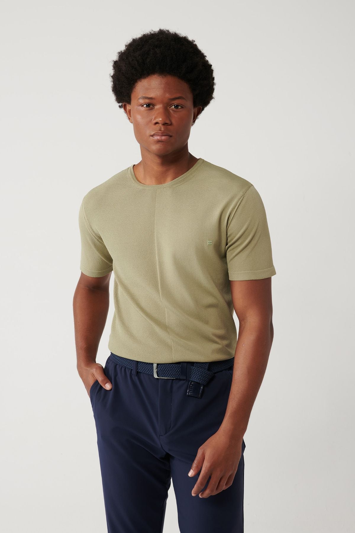 Men's Open Khaki Bicycle Collar Rayon textured knitwear T-shirt A41y5099