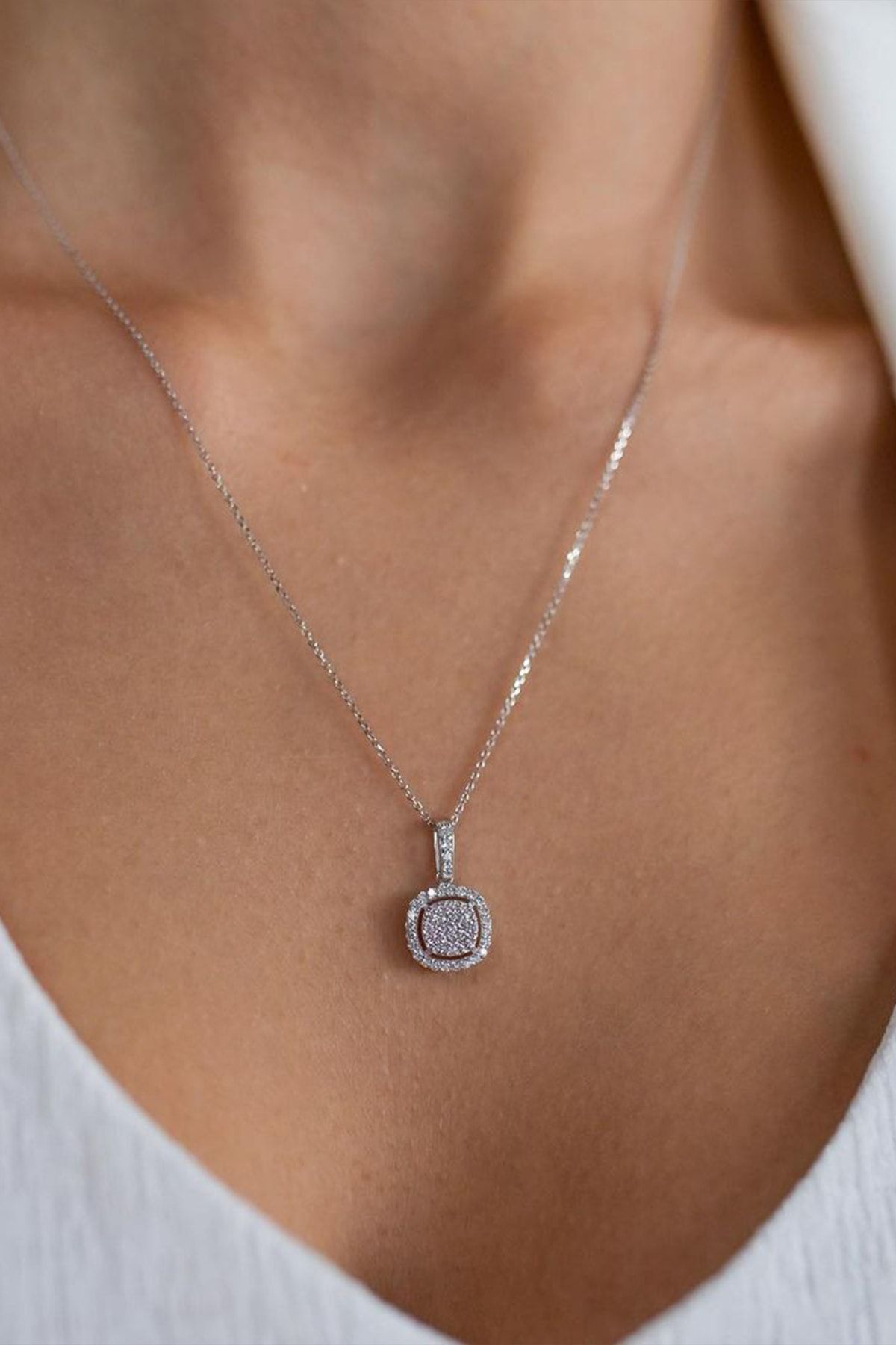 Diamond Mounted Baguette Silver Rhodium Coating Women Necklace