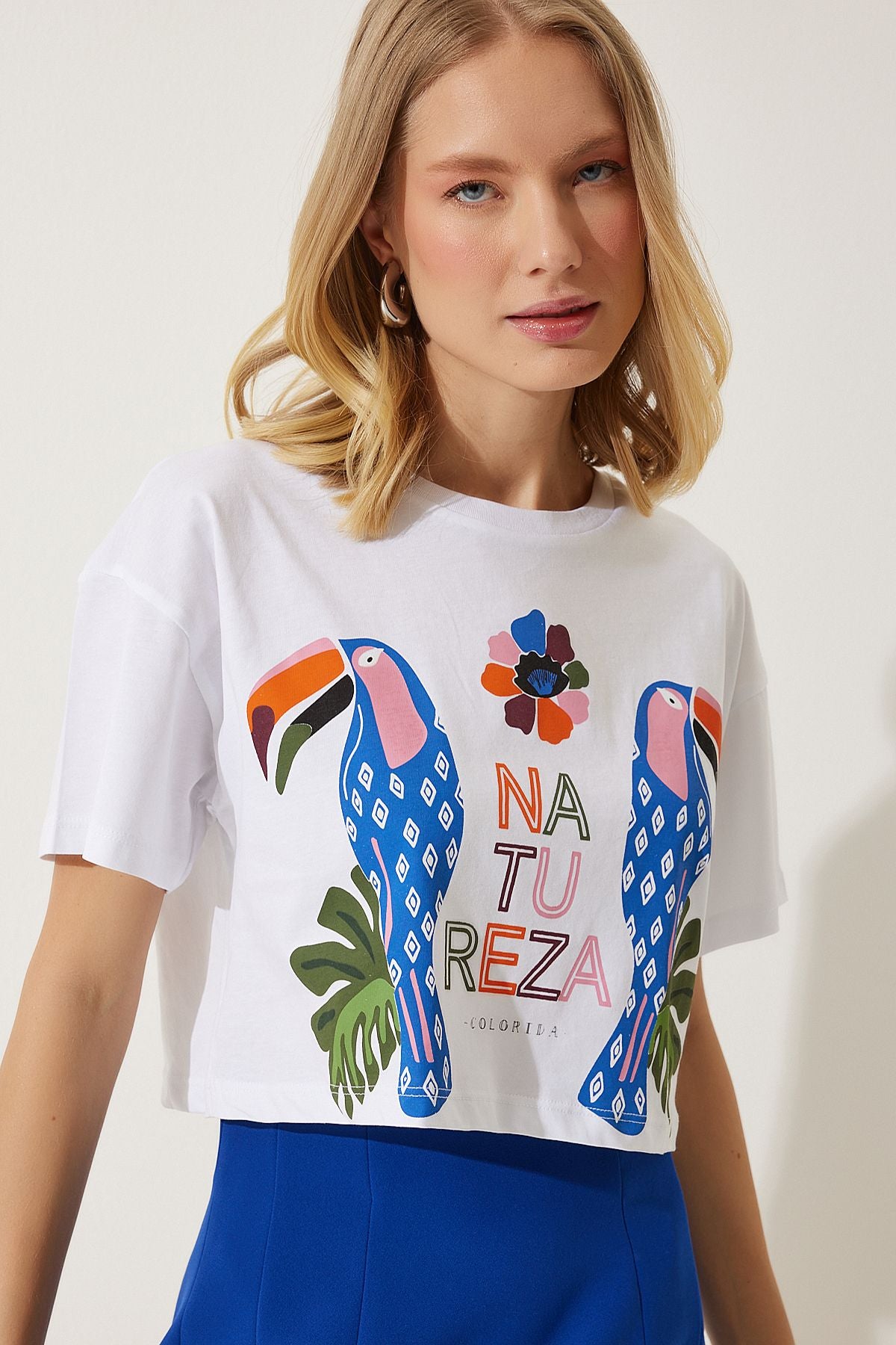 Woman White Printed Crop knitting T-shirt EW00008