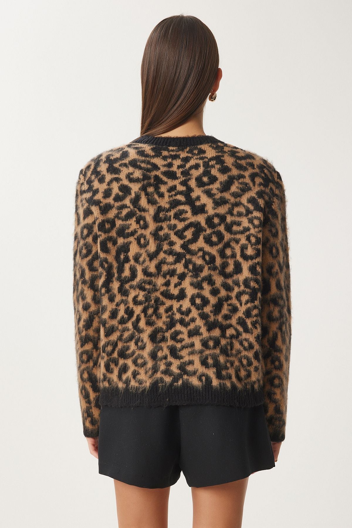 Women's black brown leopard patterned short beard knitwear cardigan US00935