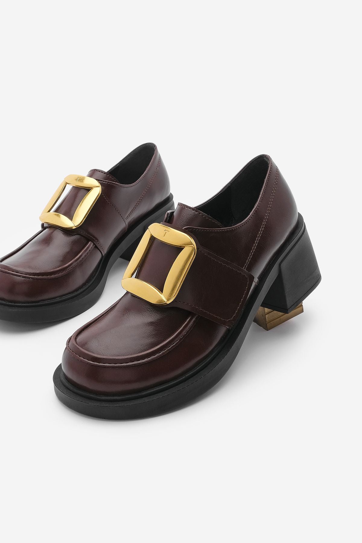 Women's buckle masculine thick heeled daily shoes dersan burgundy