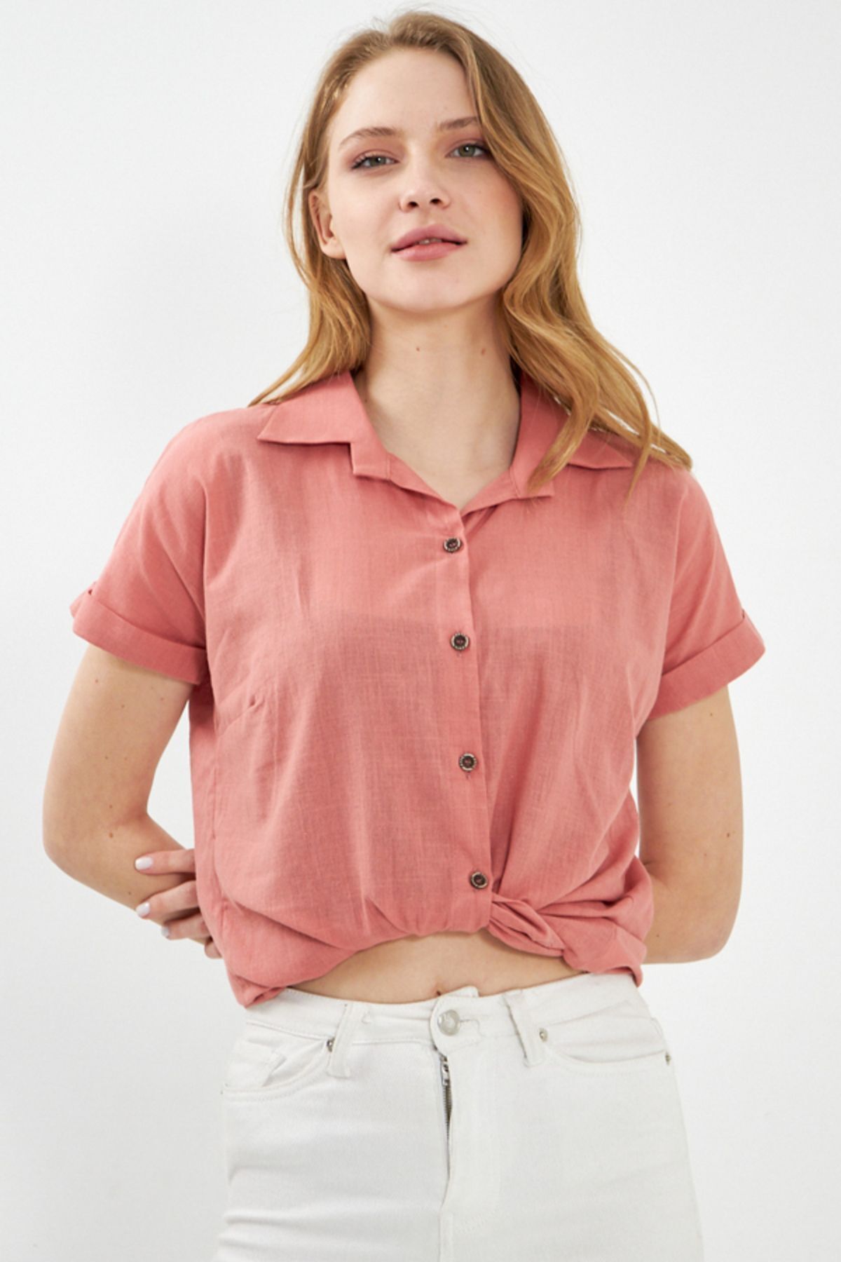 Woman Salmon Short Sleeve Linen Shirt ARM-24Y001038