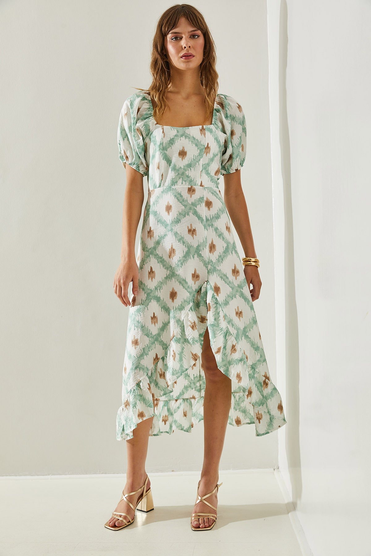 Women's Balloon Sleeve Ruffle Detailed Hidden Zipper Dress 60251373