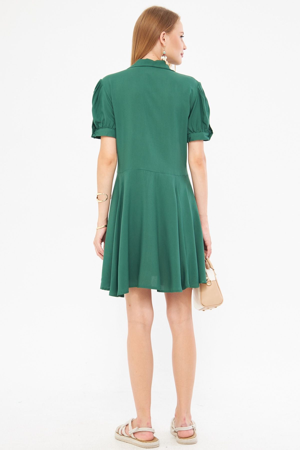 Woman Dark Green Shirt collar arm Slip Detailed Watermelon Sleeve Dress ARM-24Y001083