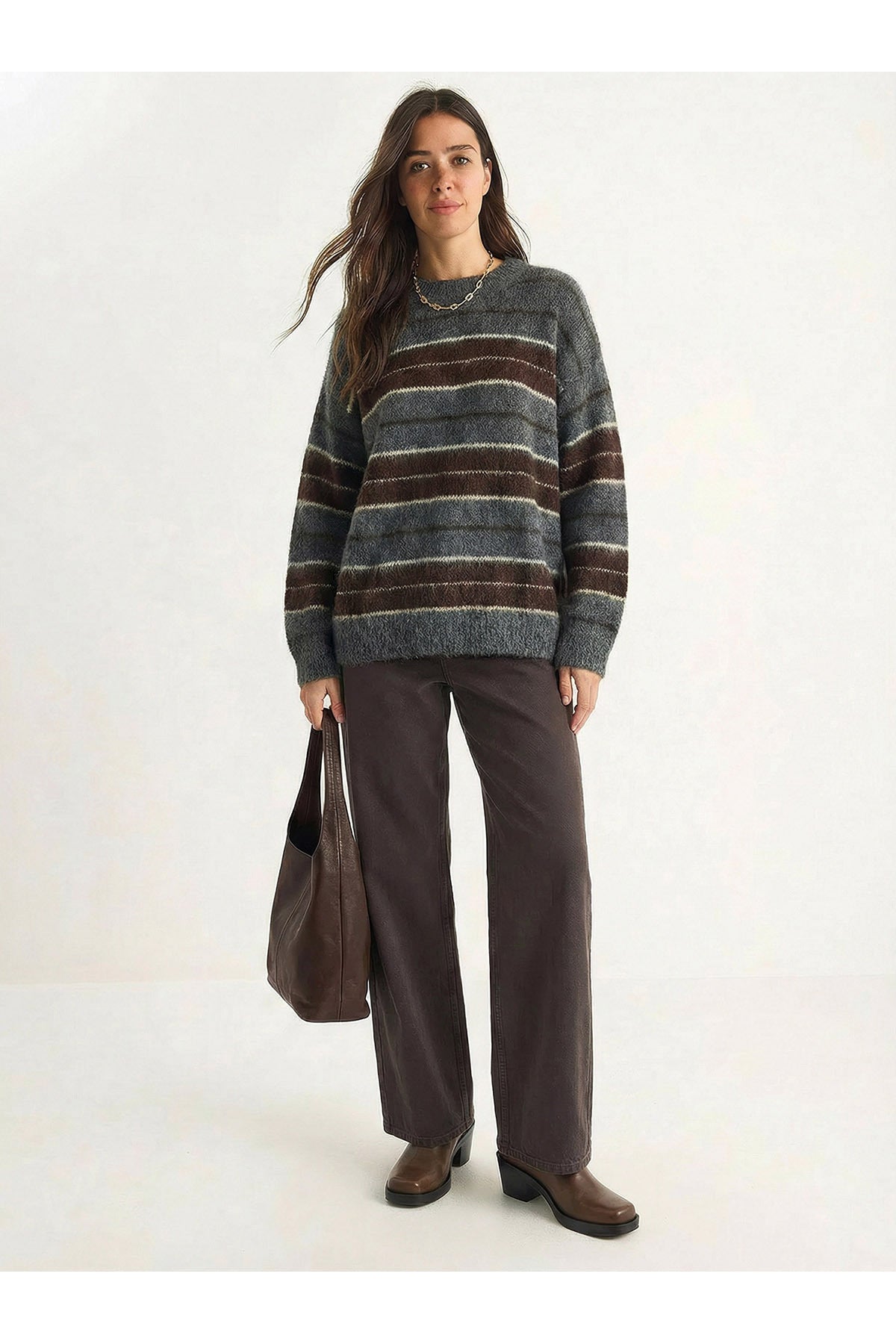 Women's Crew Neck Rose Gold Striped Basic Sweater 20251128