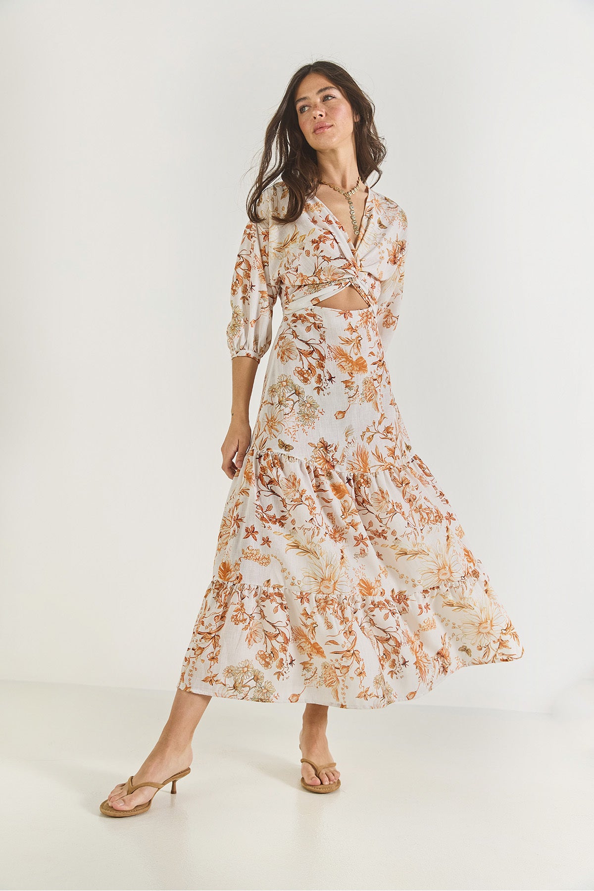 Women's Window Detailed Patterned Long Linen Dress 3025 60283273