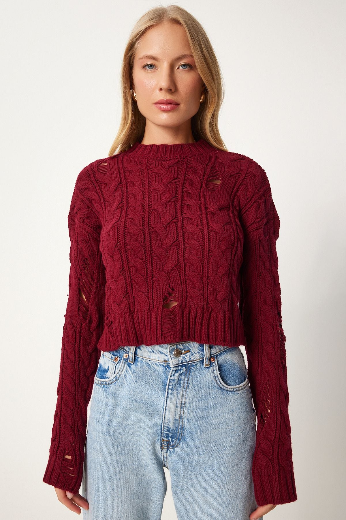 Female Bordeaux Ripped Detailed Braided Knitwear Sweater FN03339