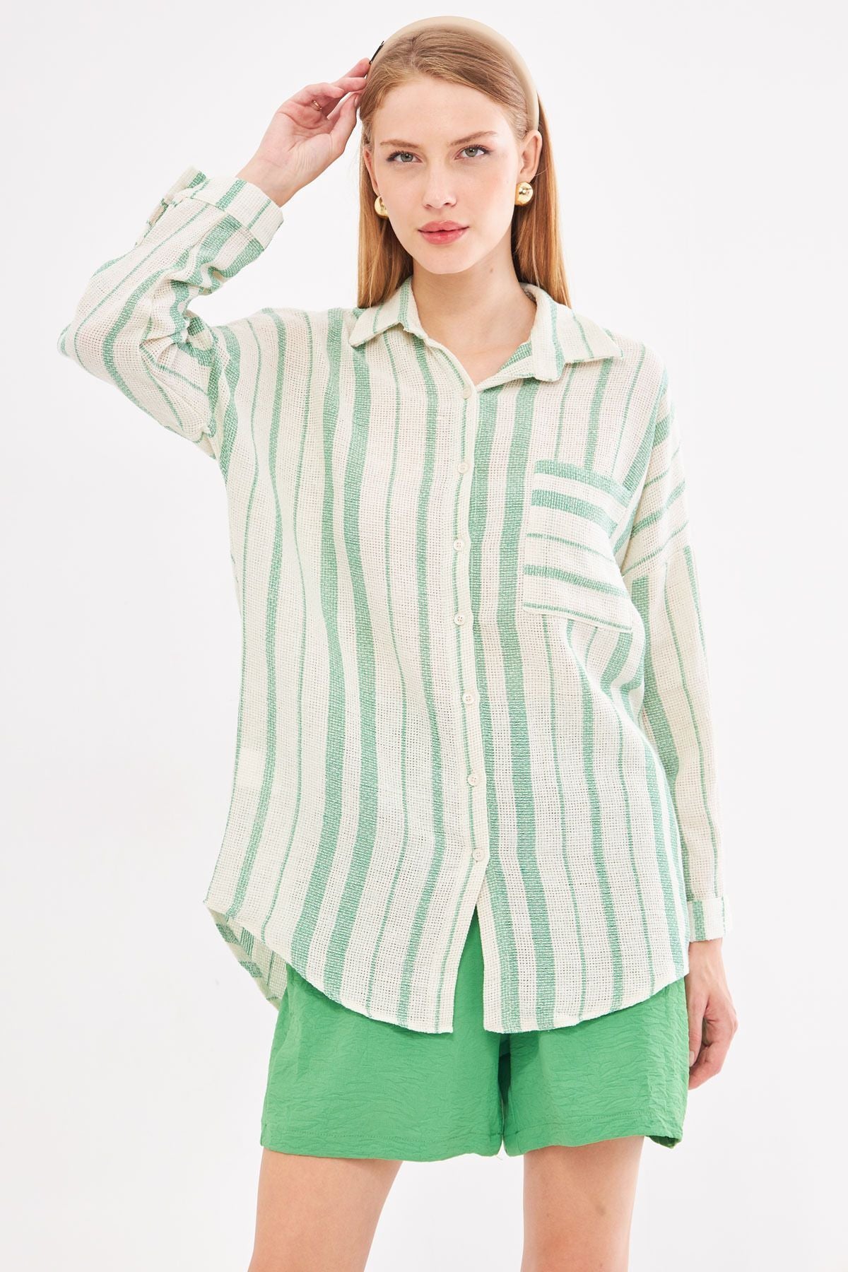 Woman Light Green Long Sleeve Pocket detailed back Pleeled striped Oversize shirt ARM-24Y001053