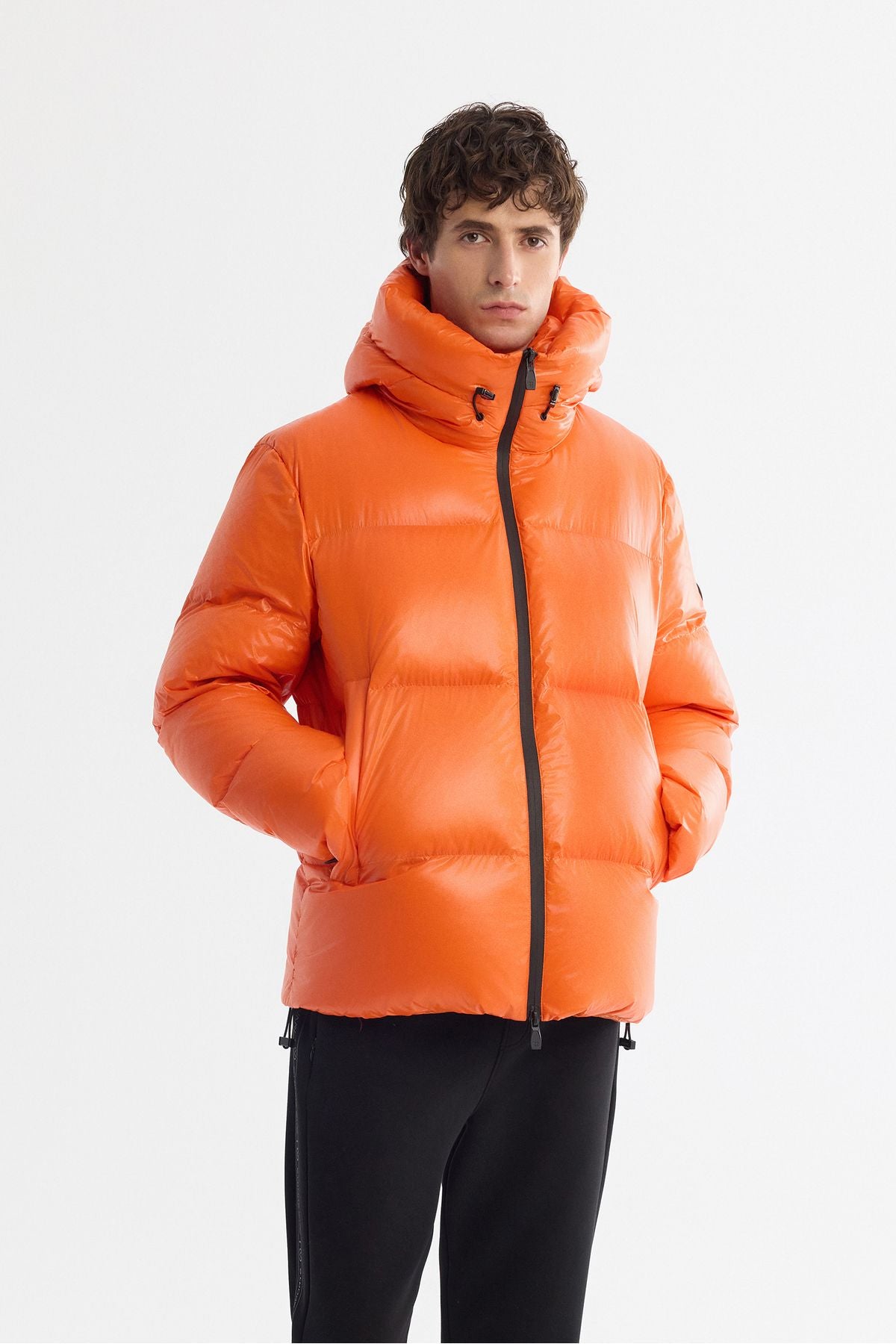 Men's orange hooded goose feather water repulsive windproof -20 degrees resistant swelling coat A42y6182