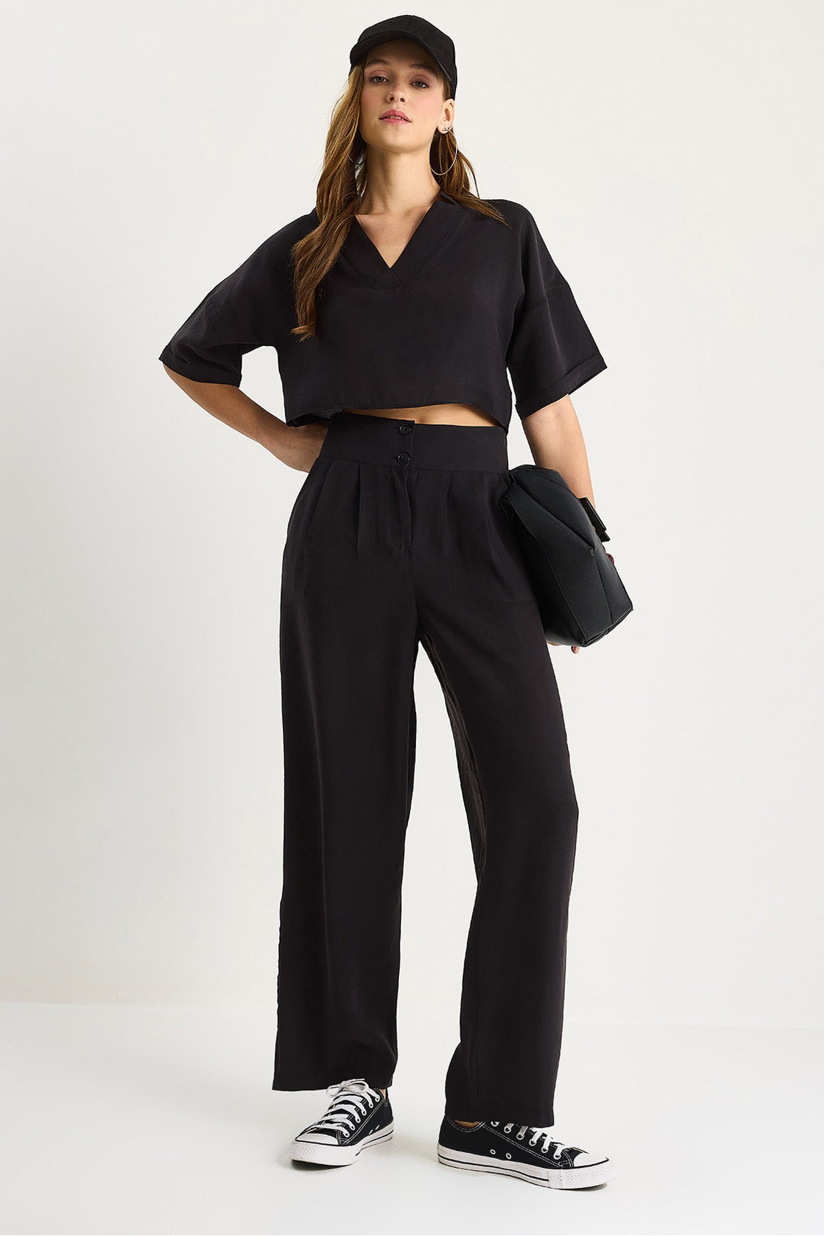 Women's V-Neck Crop Double-Button Trousers Modal Top-Bottom Suit 9330-1 60283505