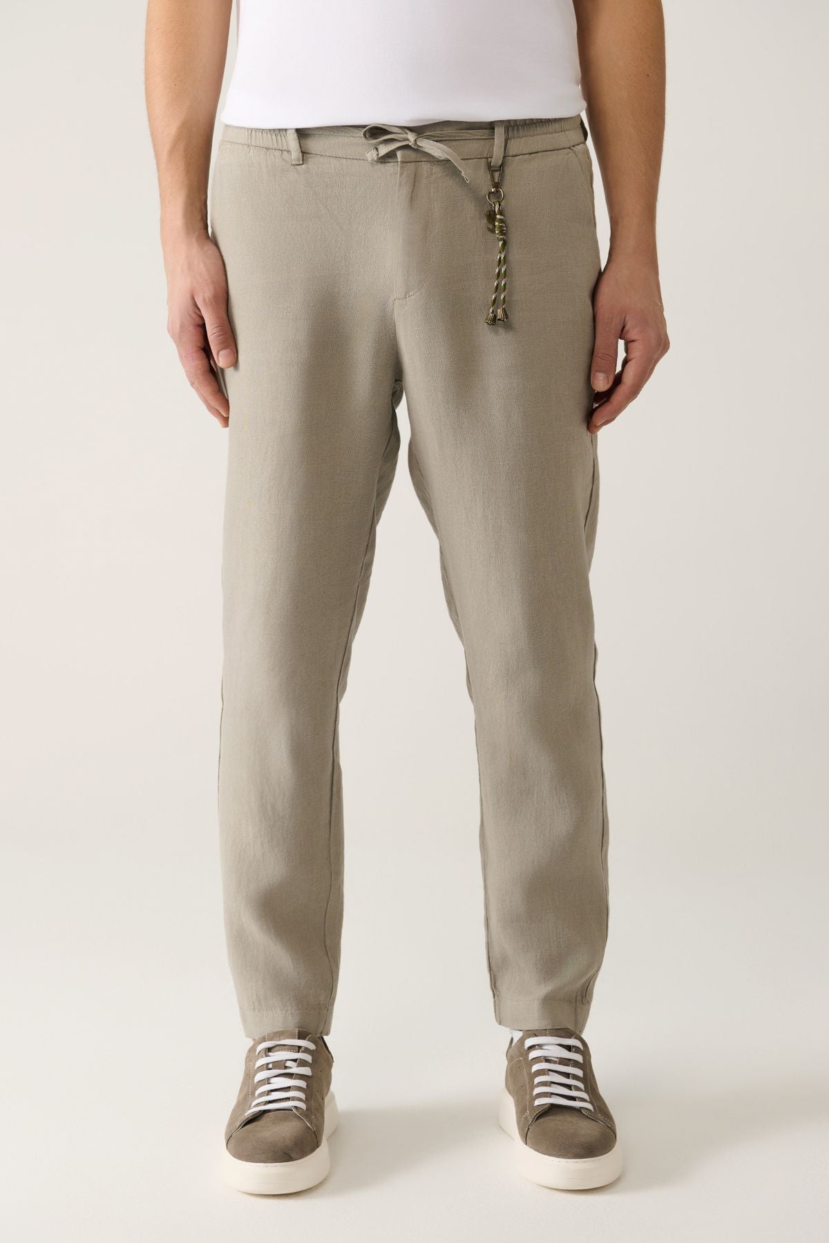 Men's gray waist tire 100 %linen pants B003032