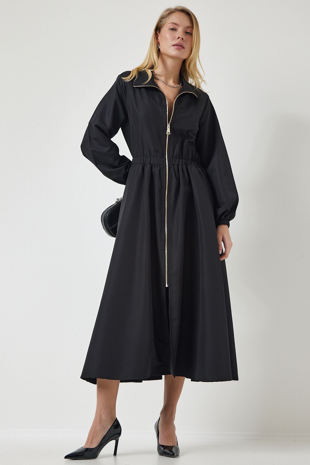 Female black zipper seasonal weaving dress trench coat DD01298