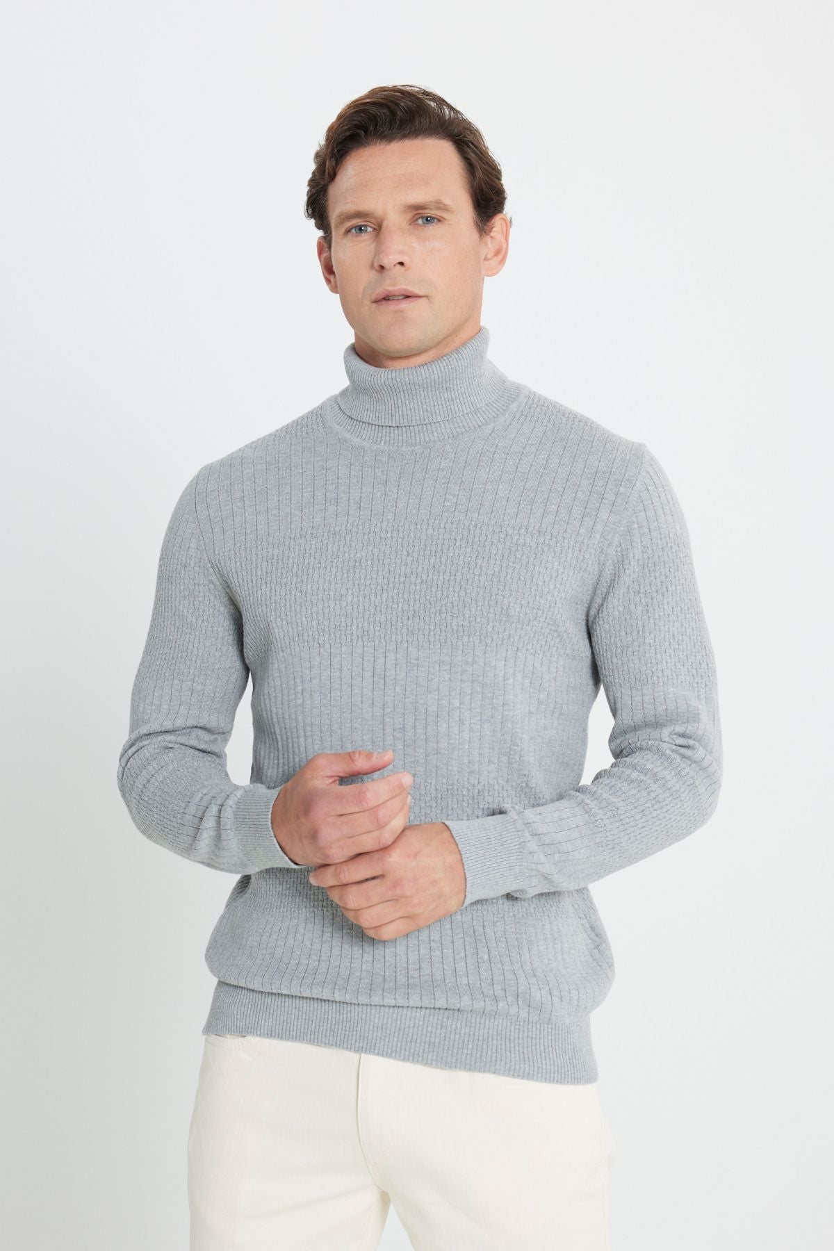 Men's Gray Melanj Standard Fit Normal Cut Full Fisherman Cotton Cotton Jacquari Knitwear Sweater