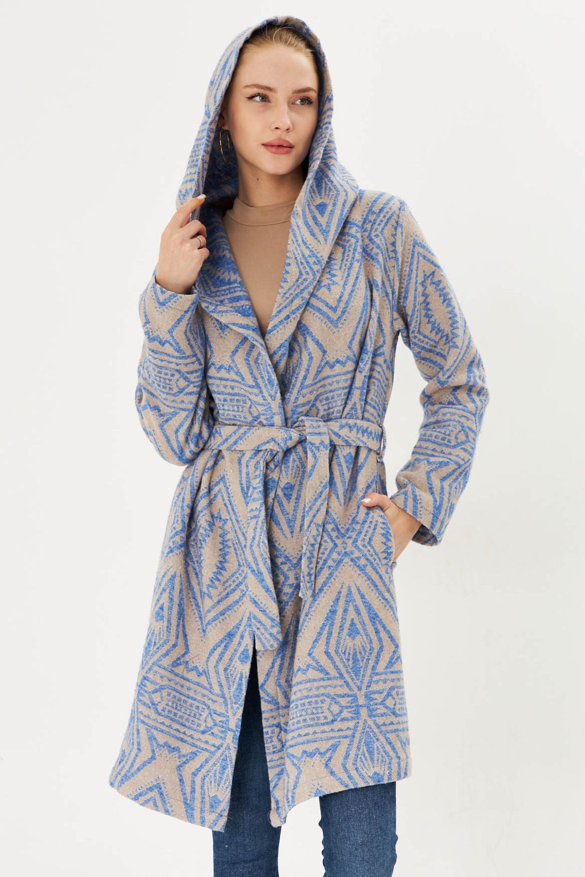 Woman Blue Hooded Waist Tie Mobile Detailed Coat Arm-25k001054