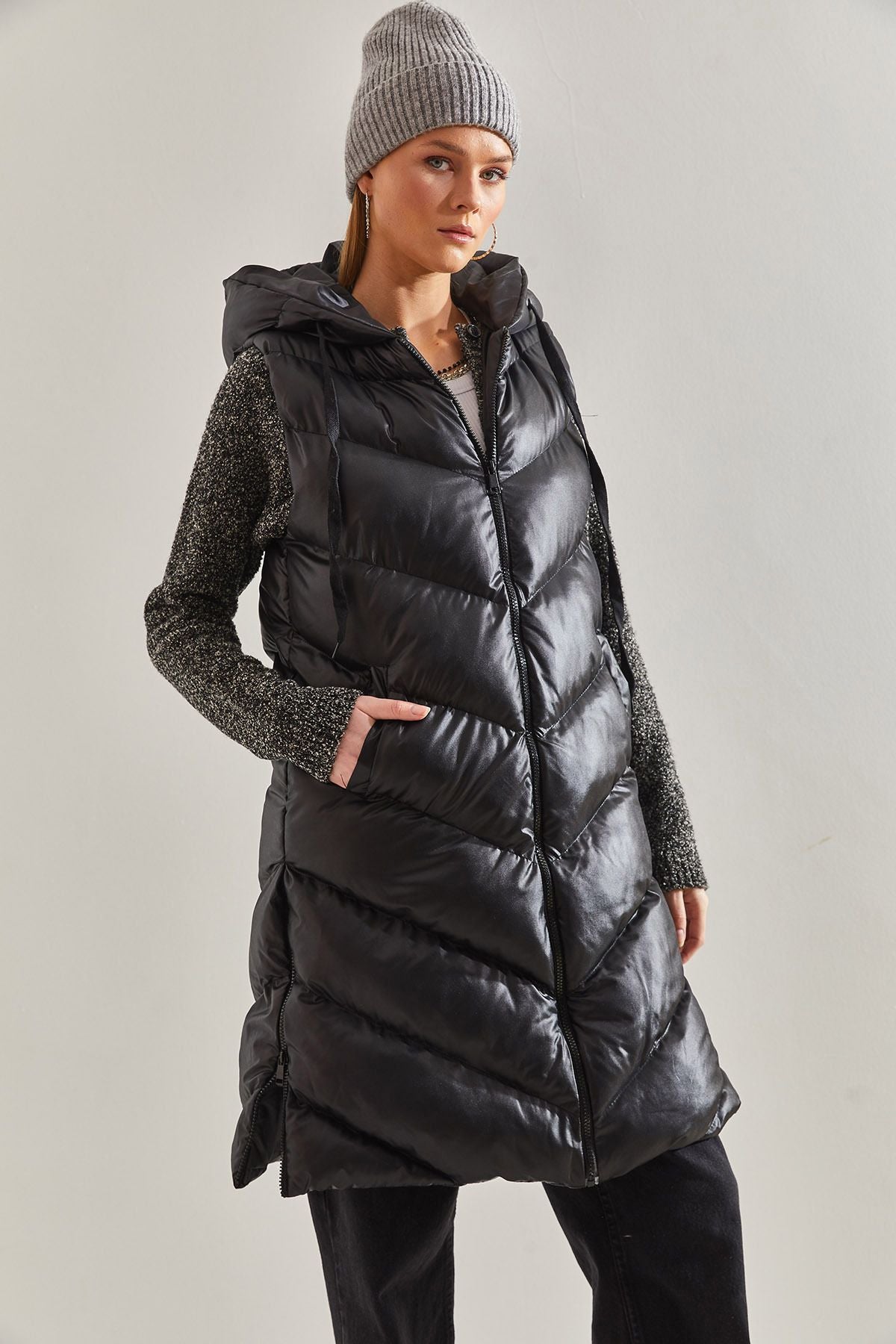 Women's sides Zippered Long Swelling Vest