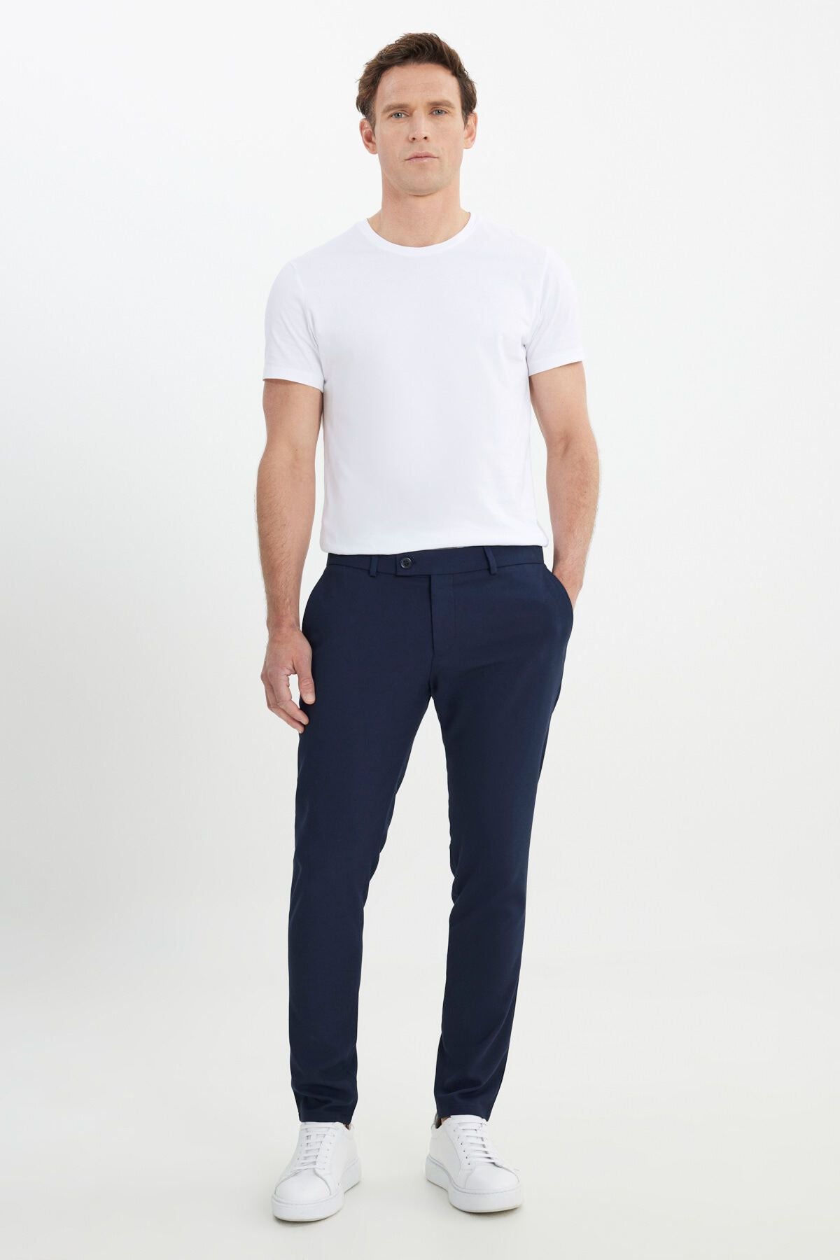 Men's navy blue slim fit Italian cutting side pocket flexible casual trousers