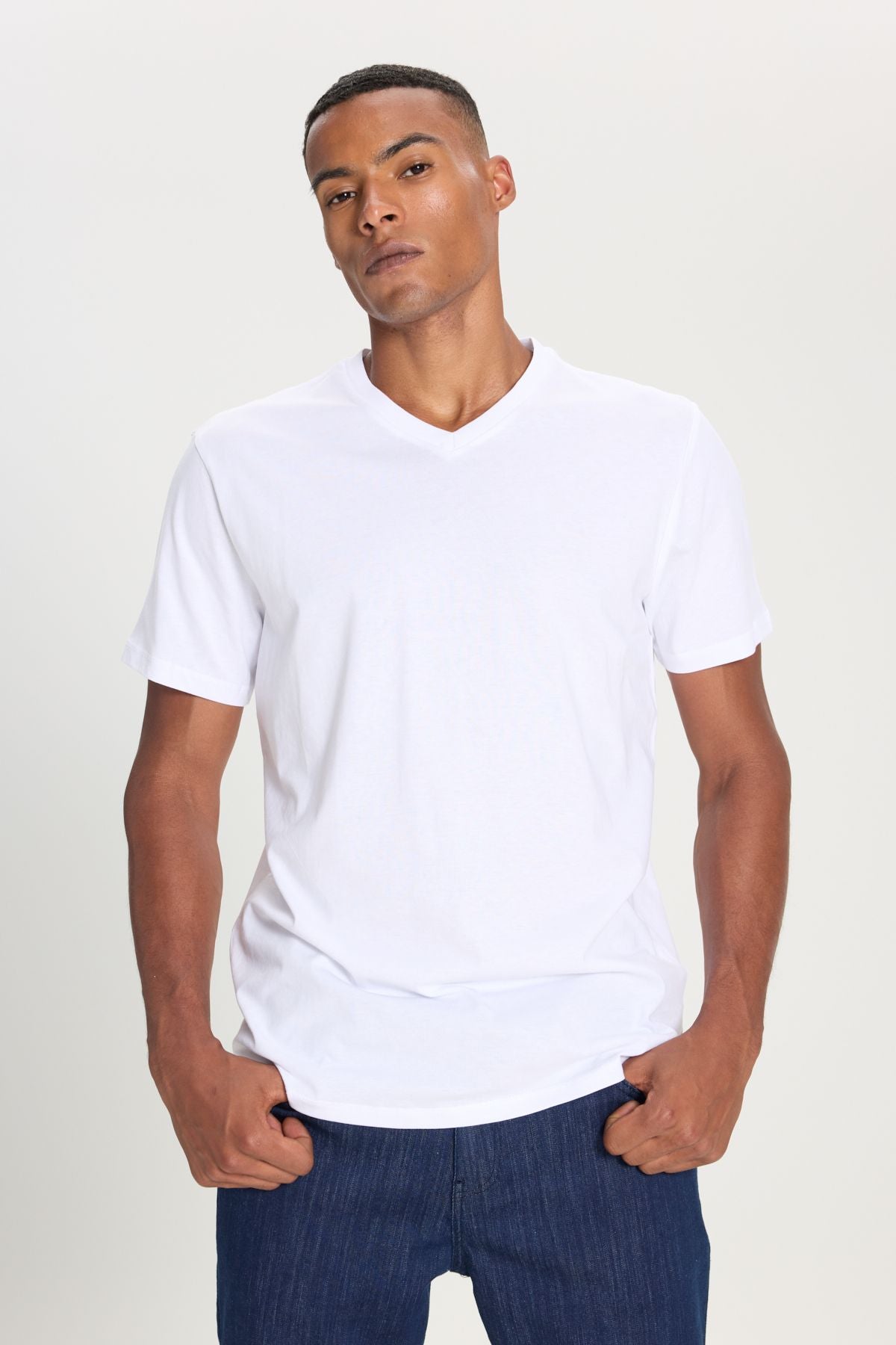 Male 100 %Cotton V -Neck White Slim Fit Narrow Cut T -shirt