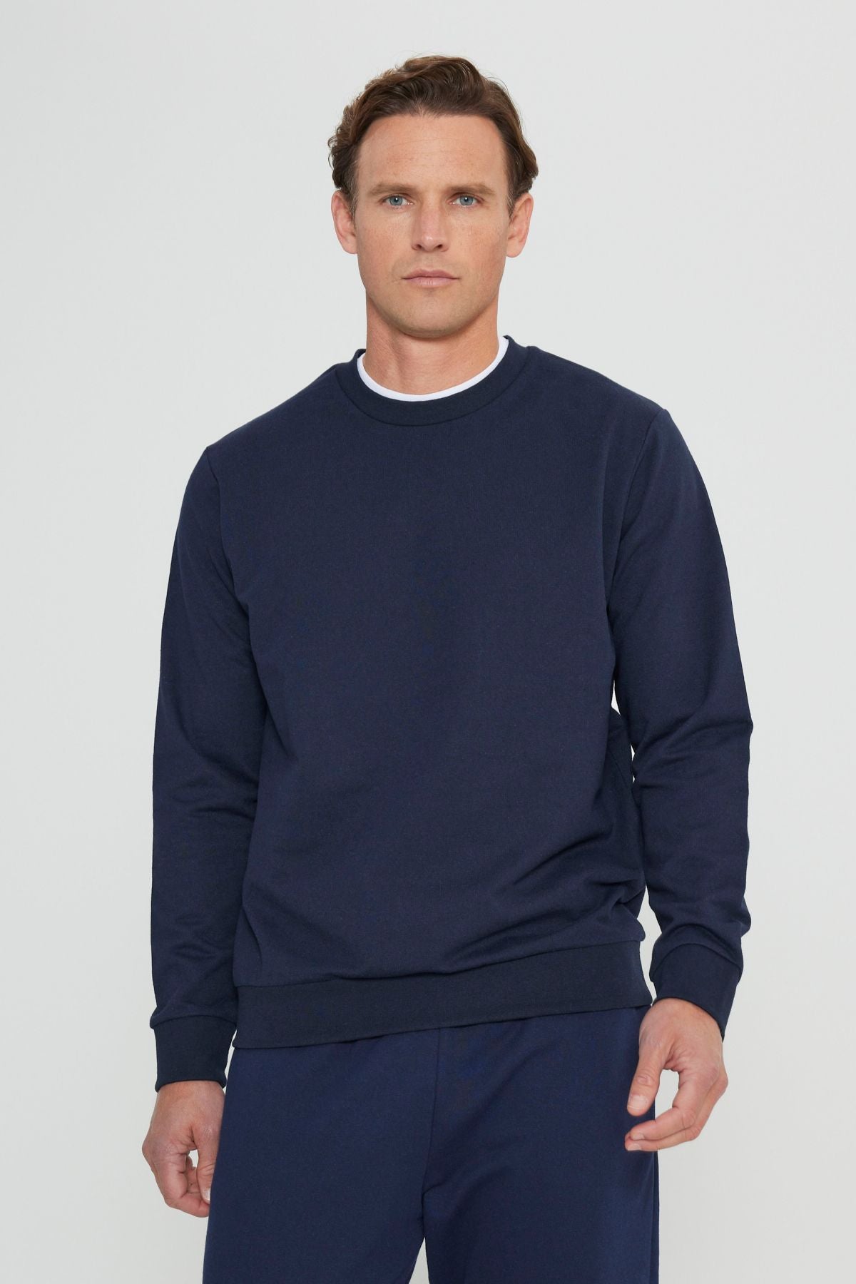 Men's Navy Blue Standard Fit Normal Cutting 2 Yarn Cotton Bike Collar Sweatshirt