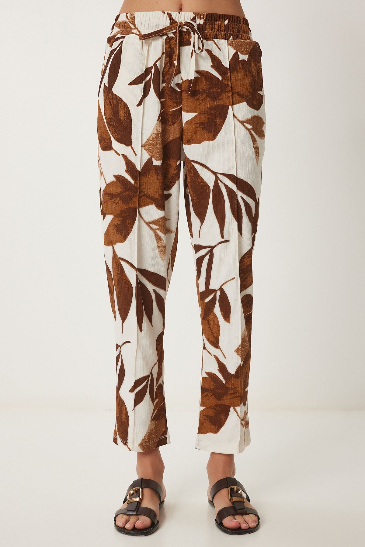 Female Brown Cream Patterned Krinkil Summer Knitting Shirt Pants Set ZH00044