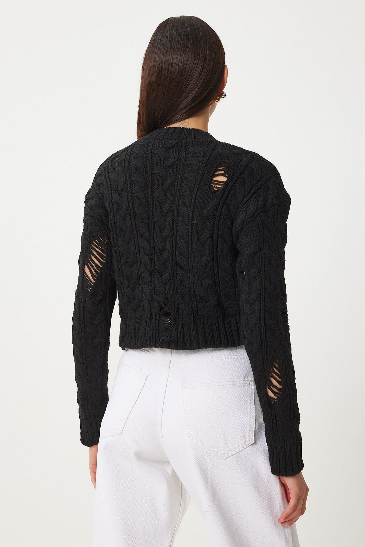 Female black tear detailed braided knitwear sweater FN03339