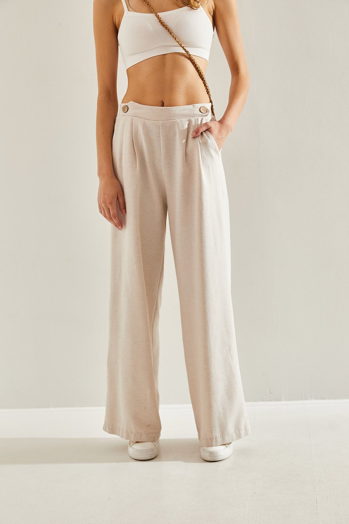 Female Front Egger Double Button Detailed Pocket Natural Palazzo Pants 60251124