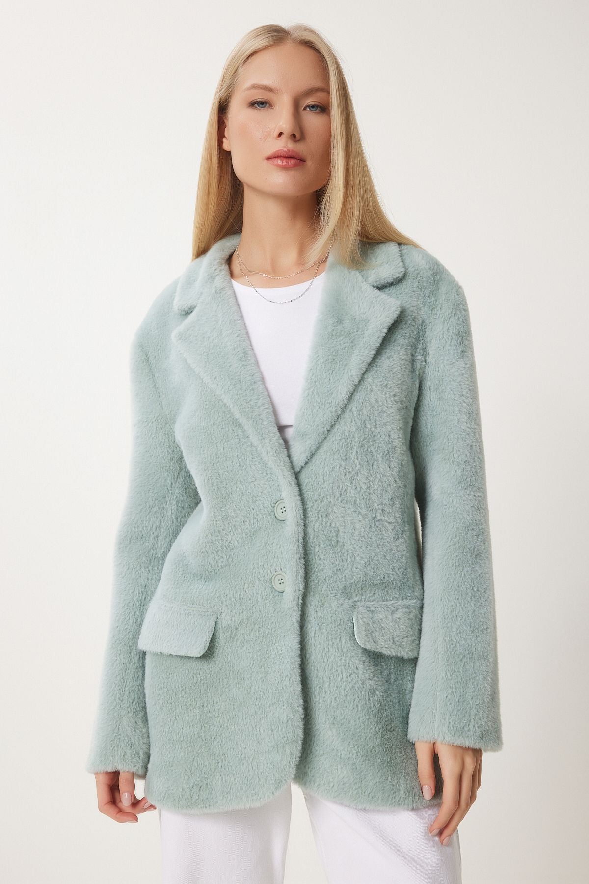 Women's Cagla Green Cruve Collar Long Artificial Fur Jacket FN03434