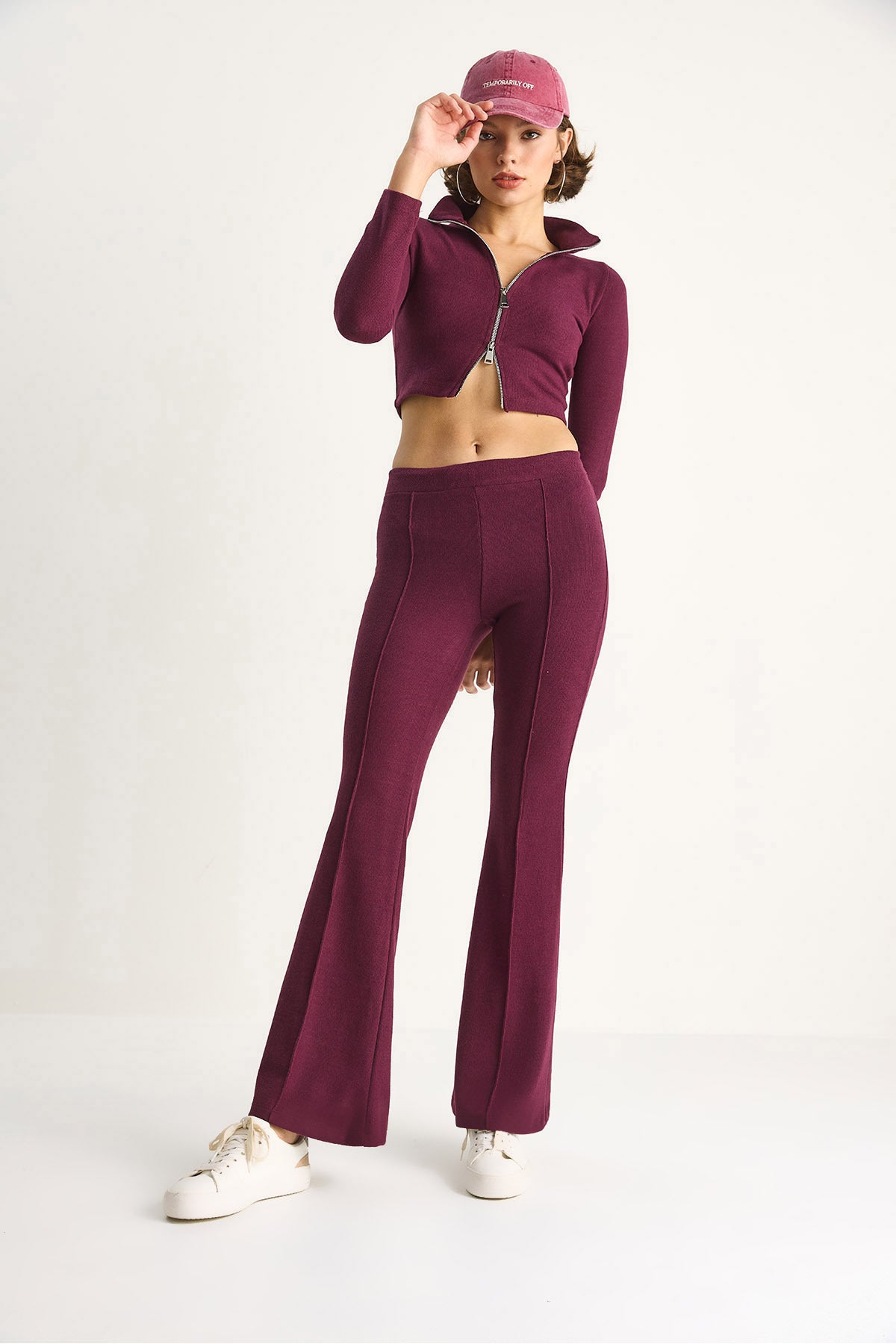 Women's Corduroy Knitted Fabric Double Zipper Detailed Turtleneck Bottom-Top Suit 2421 60284063