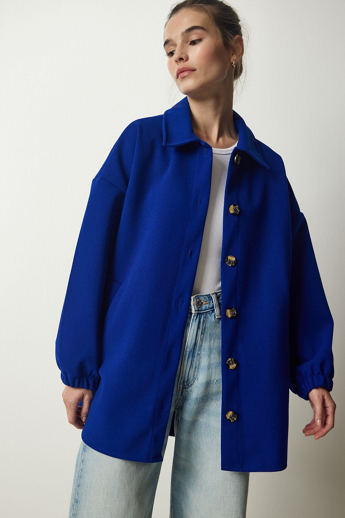 Woman Cobalt Blue Button Pocket Oversize Shirt Jacket DD01263