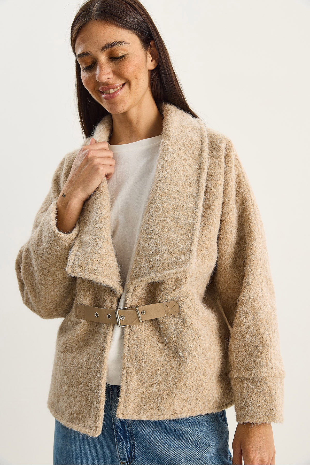 Women's Belted Lined Felt Jacket Coat 2062 60283746