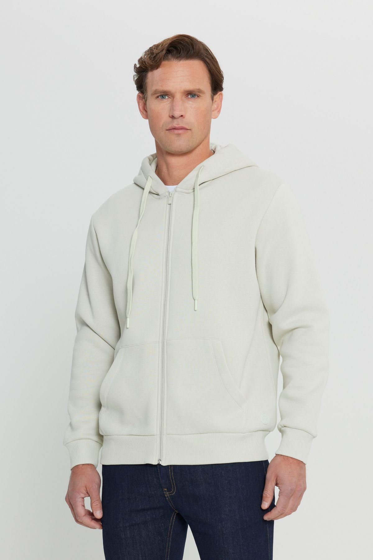 Men's Beige Standard Fit Normal Cut Içi Pleay 3 -Trust Zippered Sweatshirt jacket