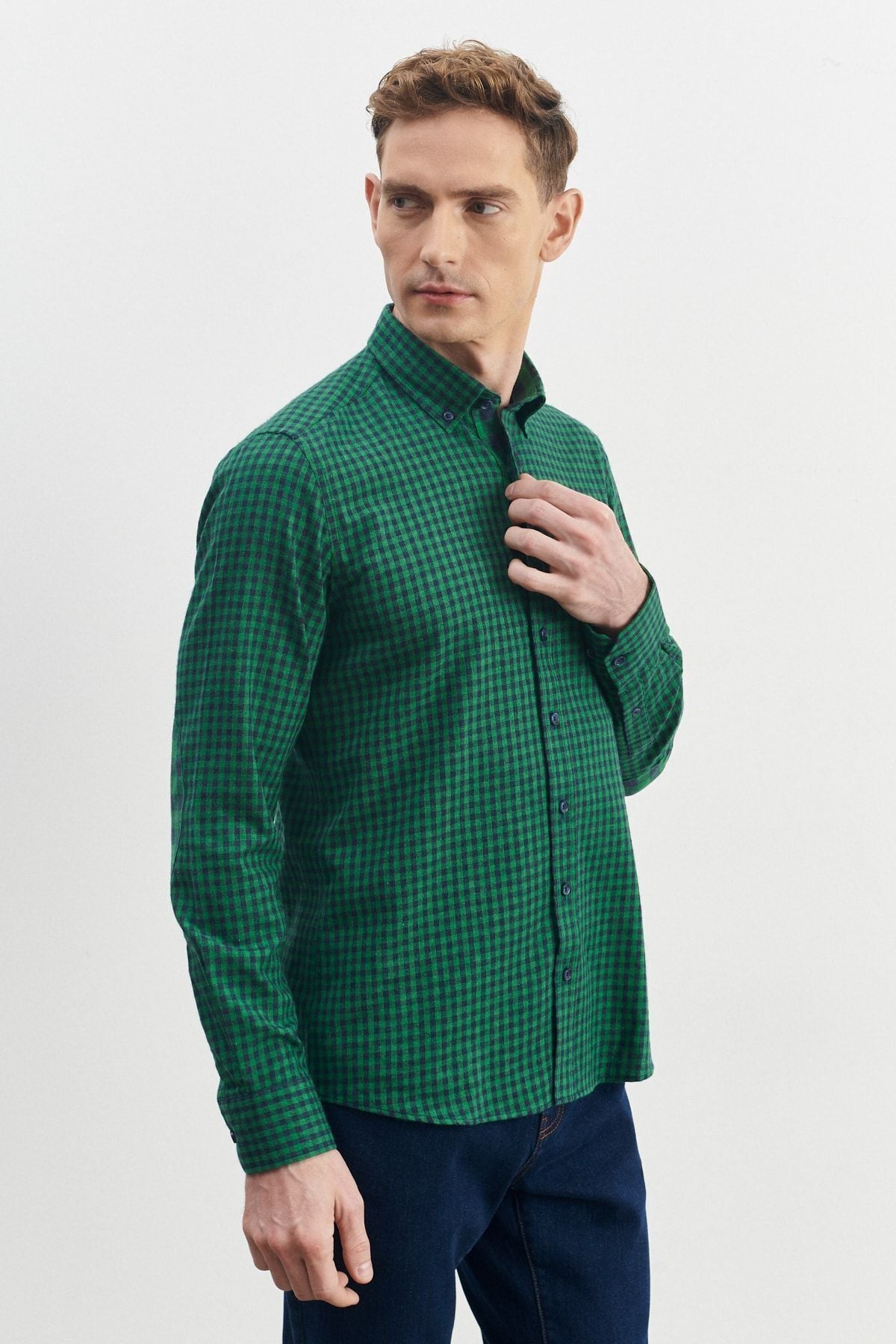 Men's green-lacivert slim fit narrow cut buttoned collar pötikareli flannel shirt