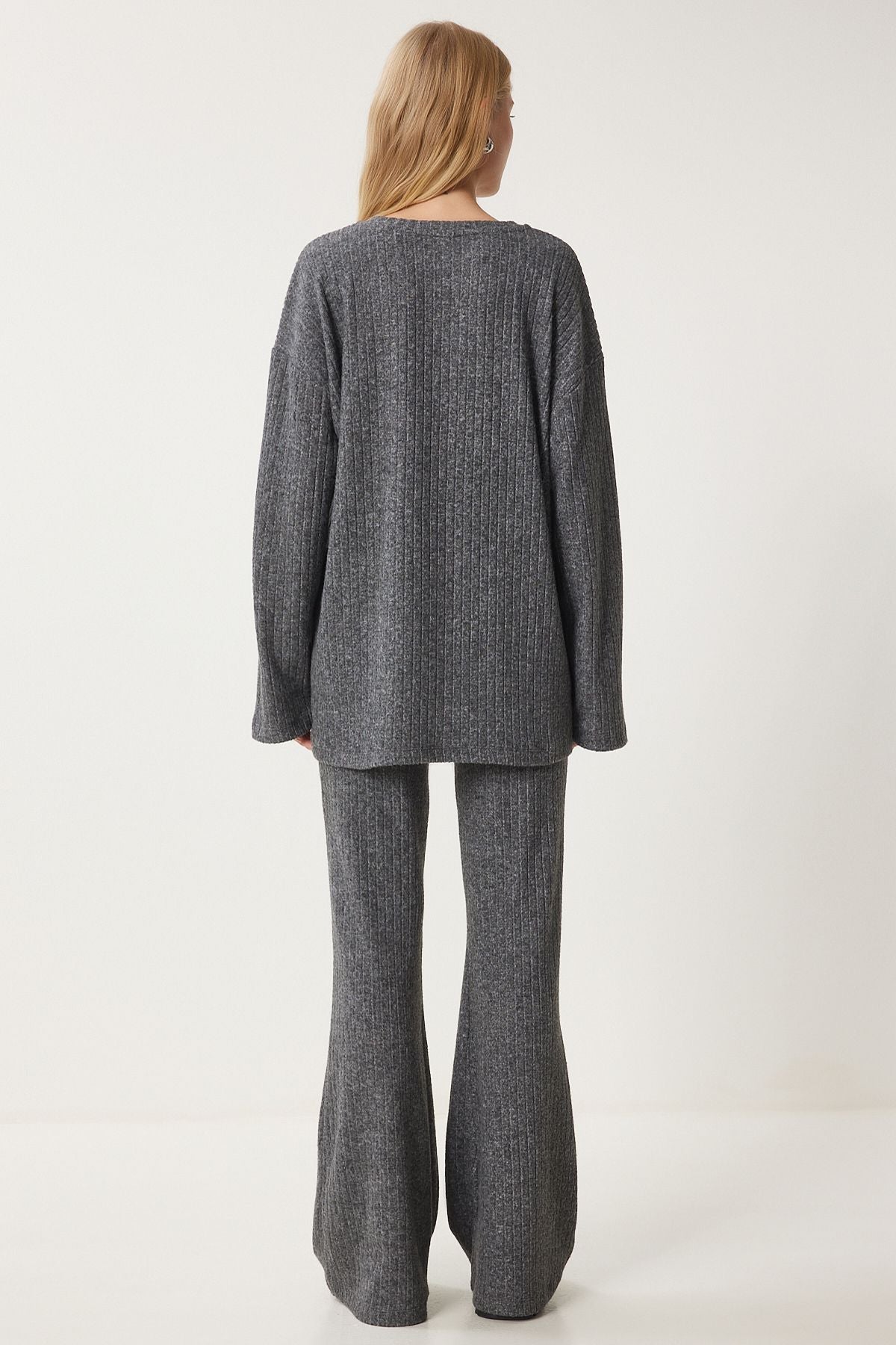 Woman anthracite comfortable wick knitted blouse trousers set RG00047