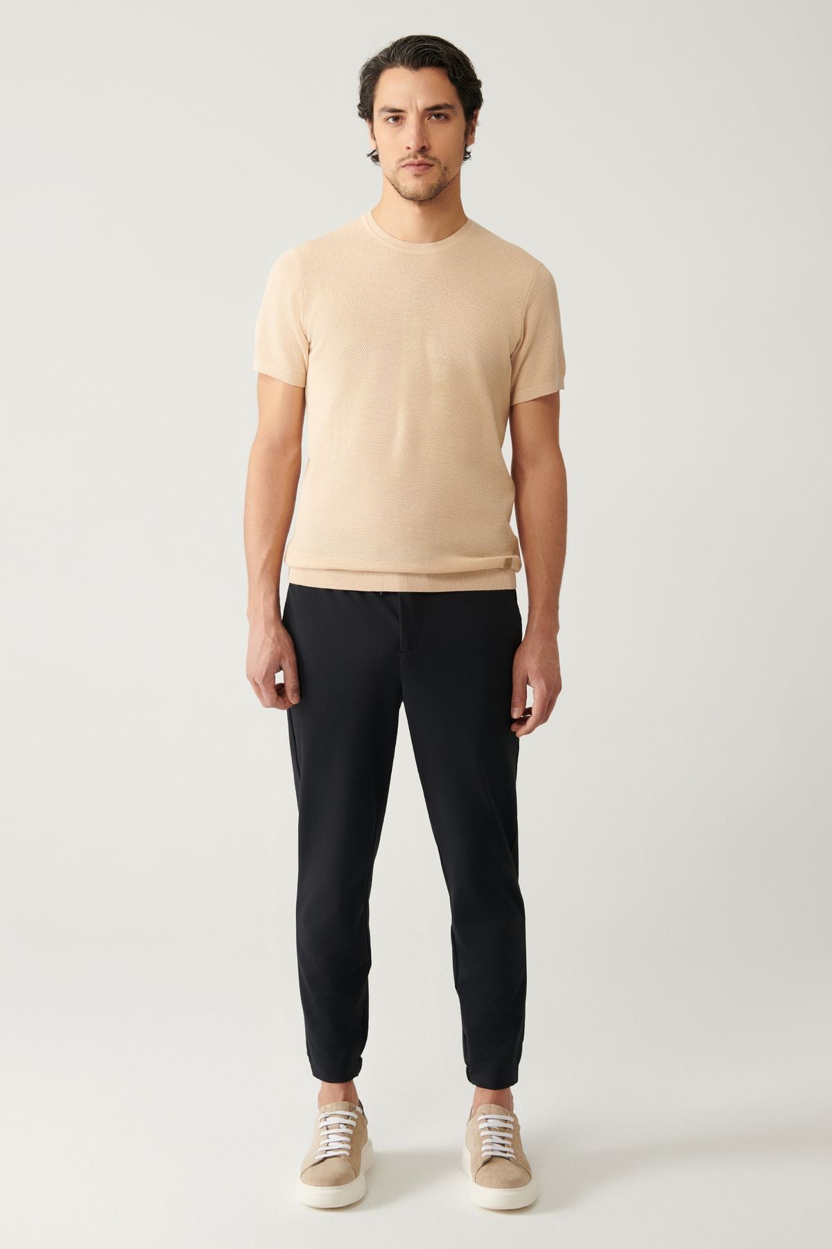 Men's Beige Bicycle Collar textured cotton knitwear T-shirt E005027