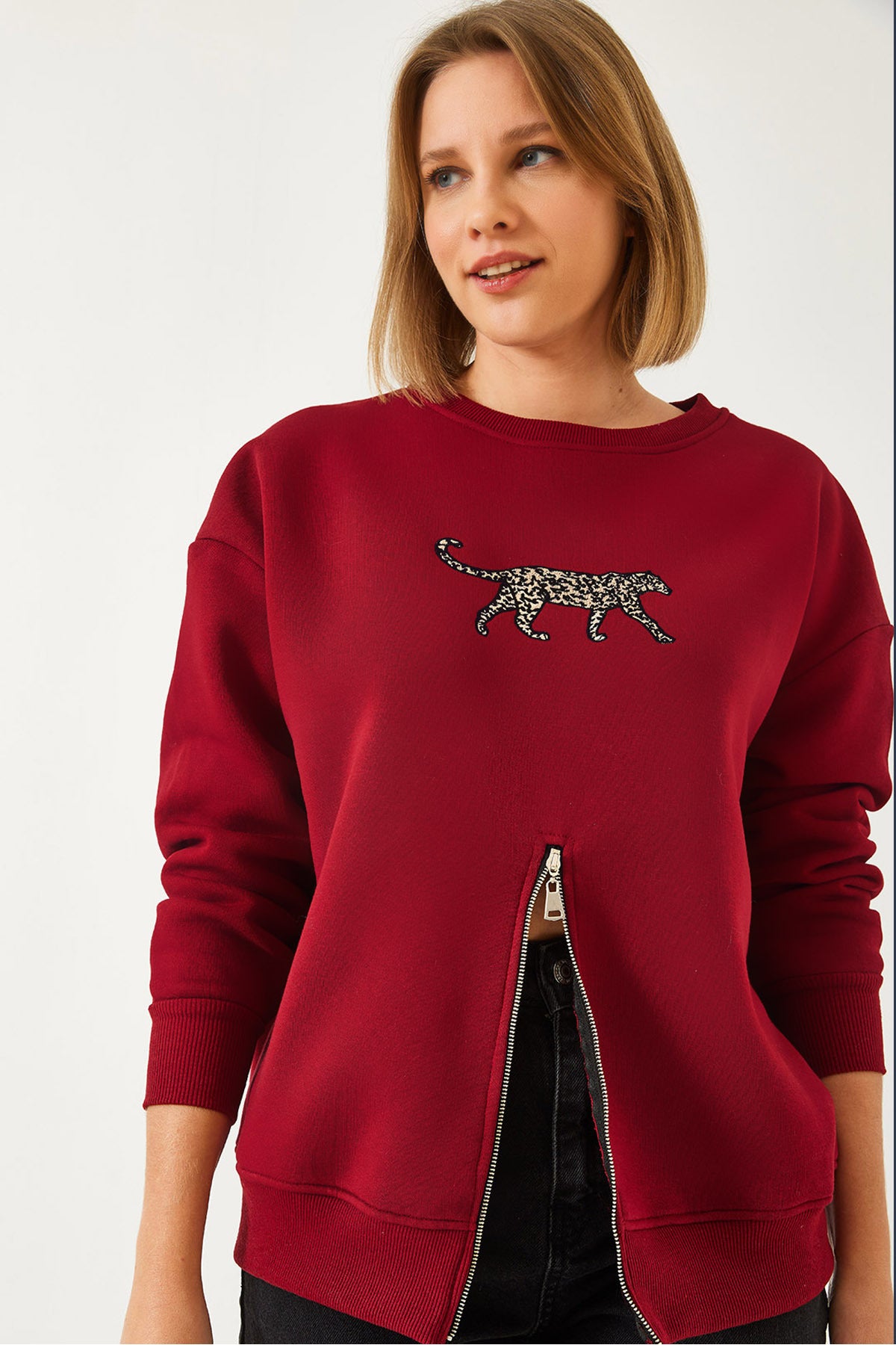 Women's Three Thread Rose Gold Zippered Front Leopard Printed Sweatshirt 60351258