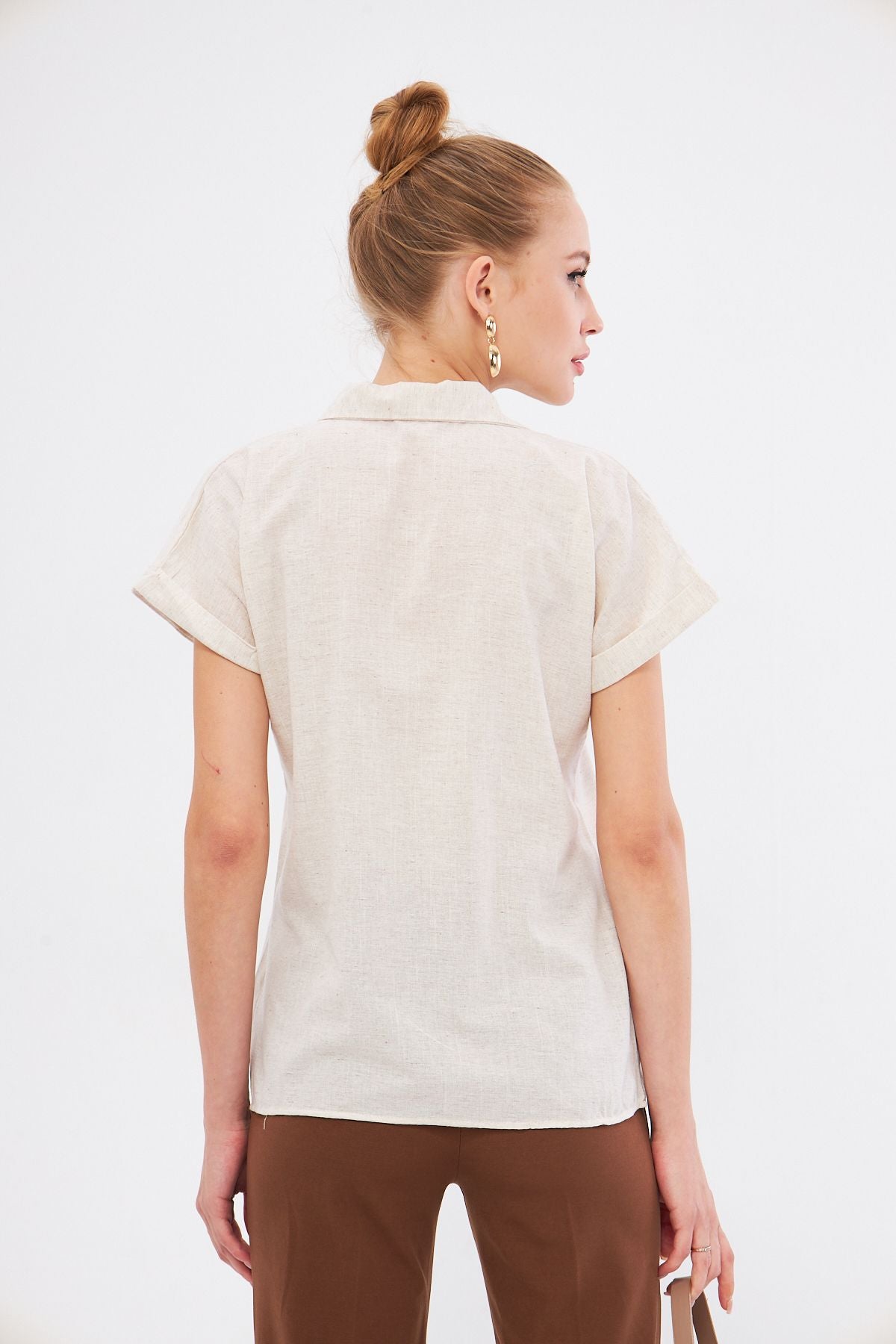 Women's Cream Short Sleeve Linen Shirt ARM-24Y001038