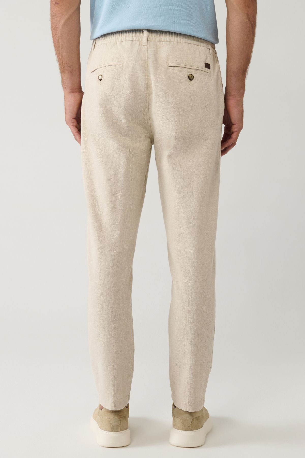 Men's Beige Waist Lacked Lined Linen Cotton textured Chino Pants B003036