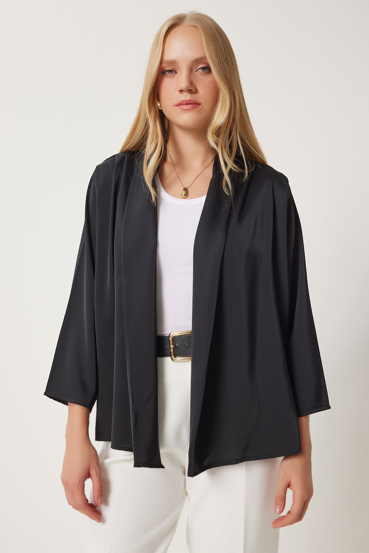 Female black shawl collar elegant satin surface jacket mc00291