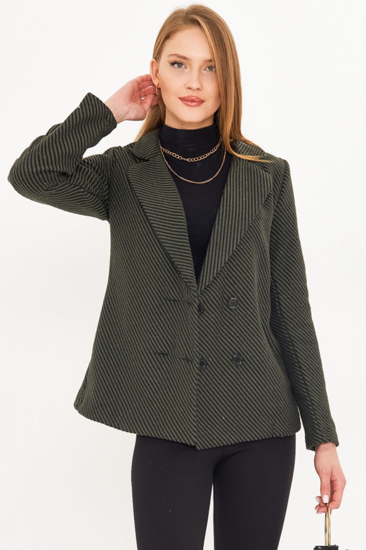 Four buttoned stamp jacket with female khaki line pattern ARM-24K001037
